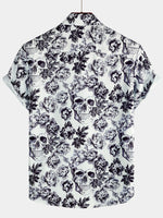 Black Short Sleeve Shirt with Floral Skull Print and Punk Rock Crown