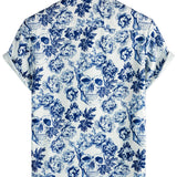 Short Sleeve Cotton Shirt with Punk Rock Skull and Flower Pattern for Men