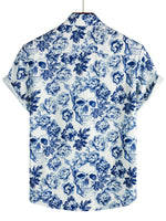Short Sleeve Cotton Shirt with Punk Rock Skull and Flower Pattern for Men