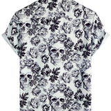 Men's Cotton Short-Sleeve Shirt with Floral Skull Pattern in Punk Rock Style