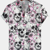 Punk Rock Pink Cherry Blossom Skull Button-Up Short Sleeve Shirt
