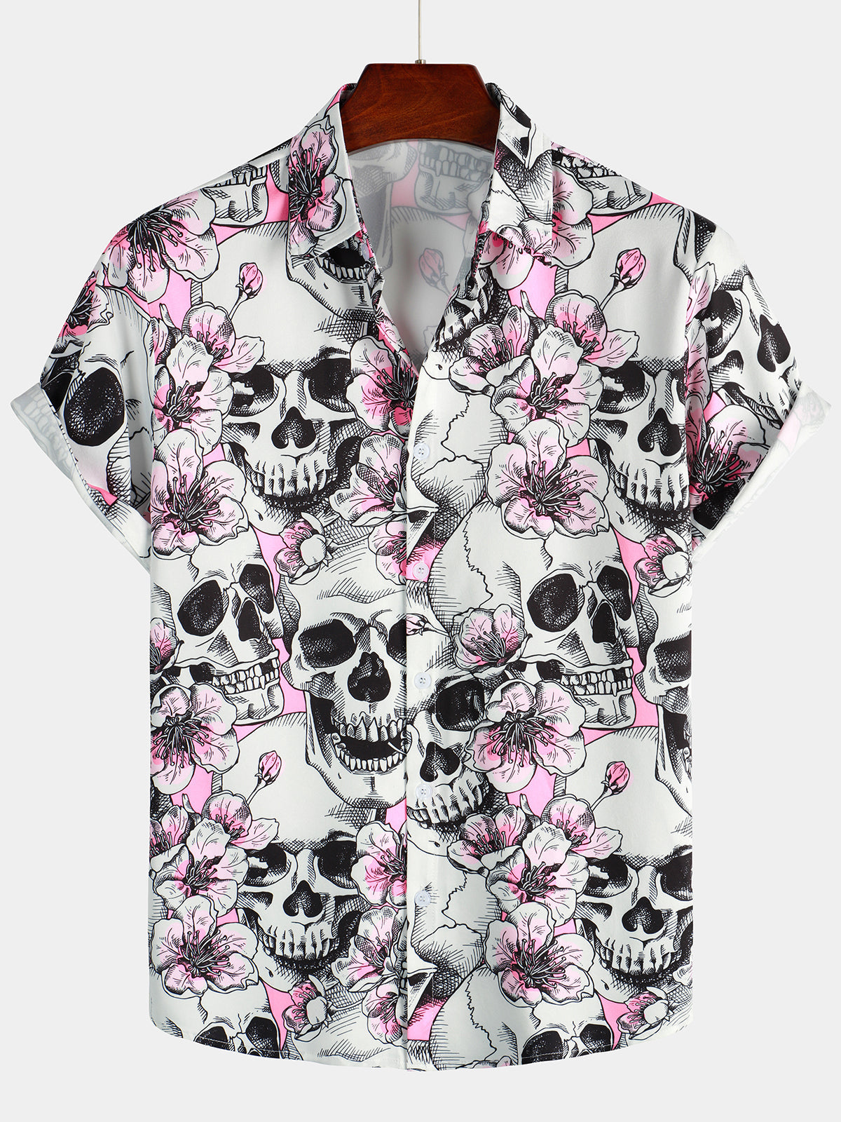 Punk Rock Pink Cherry Blossom Skull Button-Up Short Sleeve Shirt