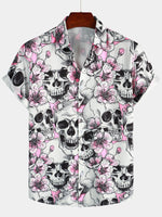 Punk Rock Pink Cherry Blossom Skull Button-Up Short Sleeve Shirt
