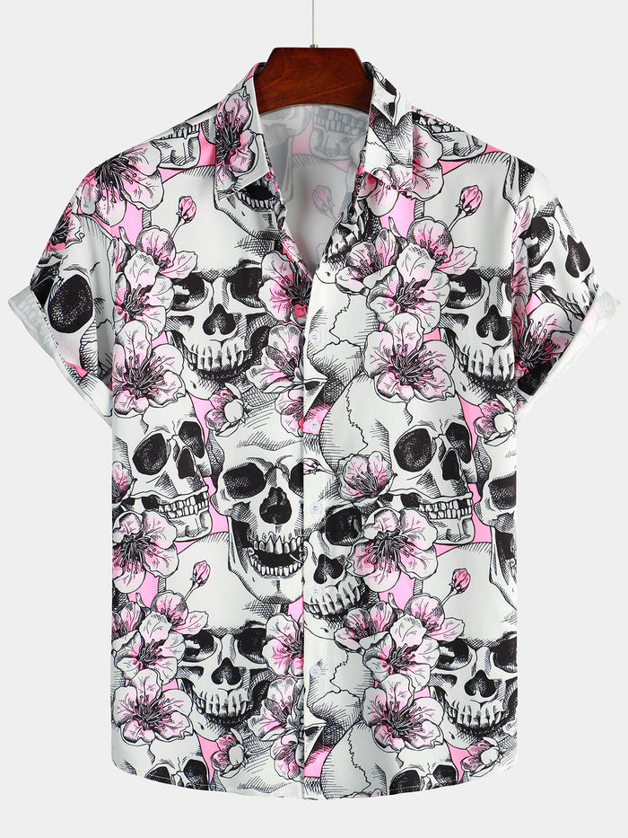 Punk Rock Pink Cherry Blossom Skull Button-Up Short Sleeve Shirt