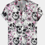 Men's Cotton Short Sleeve Shirts with Skulls and Pink Flowers