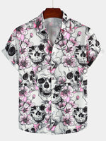 Men's Cotton Short Sleeve Shirts with Skulls and Pink Flowers