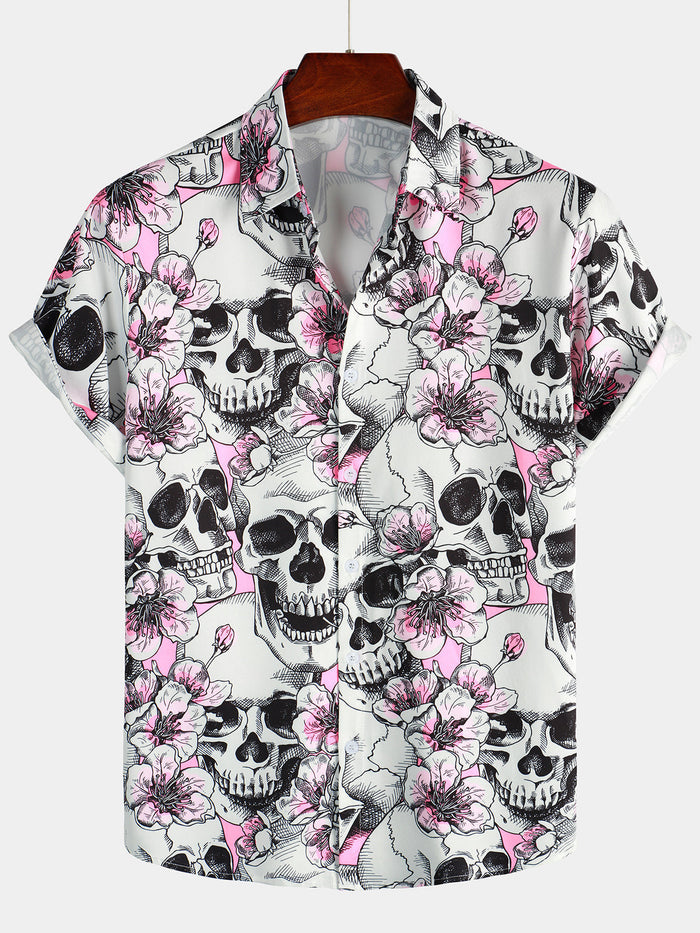 Men's Cotton Short Sleeve Shirts with Skulls and Pink Flowers