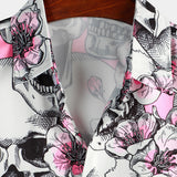 Punk Rock Pink Cherry Blossom Skull Button-Up Short Sleeve Shirt