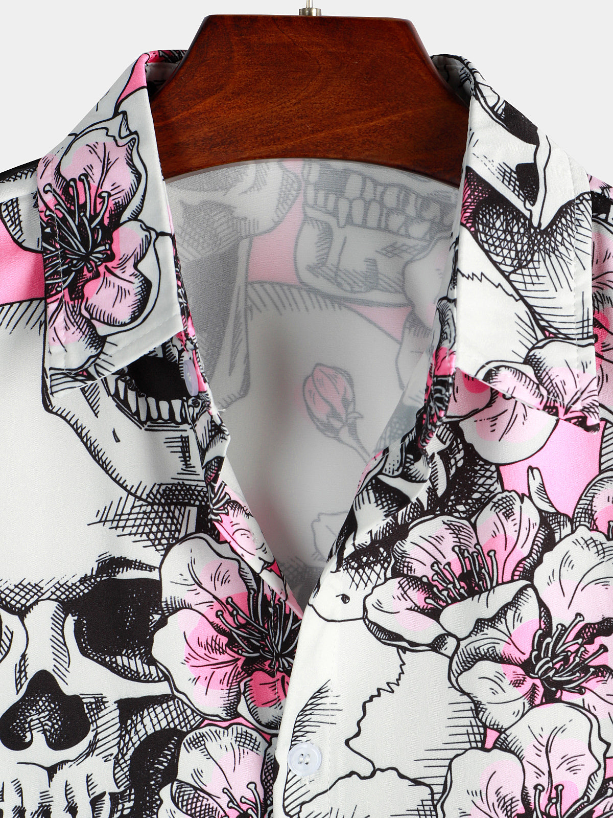 Punk Rock Pink Cherry Blossom Skull Button-Up Short Sleeve Shirt