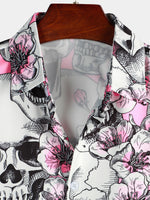 Punk Rock Pink Cherry Blossom Skull Button-Up Short Sleeve Shirt