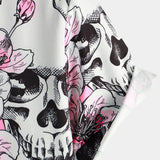 Punk Rock Pink Cherry Blossom Skull Button-Up Short Sleeve Shirt