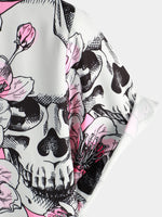 Punk Rock Pink Cherry Blossom Skull Button-Up Short Sleeve Shirt