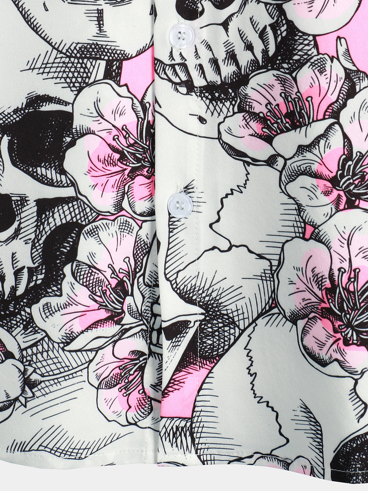 Punk Rock Pink Cherry Blossom Skull Button-Up Short Sleeve Shirt