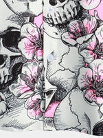 Punk Rock Pink Cherry Blossom Skull Button-Up Short Sleeve Shirt