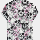 Punk Rock Pink Cherry Blossom Skull Button-Up Short Sleeve Shirt
