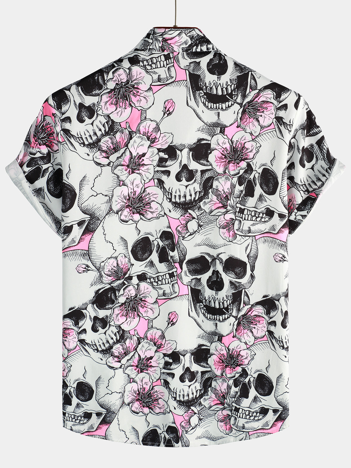 Punk Rock Pink Cherry Blossom Skull Button-Up Short Sleeve Shirt