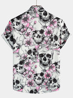 Punk Rock Pink Cherry Blossom Skull Button-Up Short Sleeve Shirt