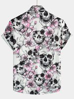 Men's Cotton Short Sleeve Shirts with Skulls and Pink Flowers