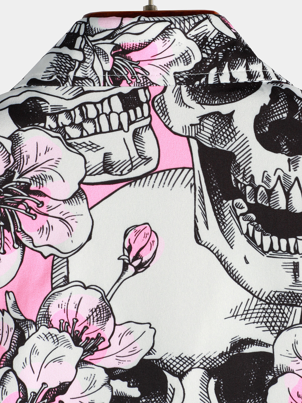 Punk Rock Pink Cherry Blossom Skull Button-Up Short Sleeve Shirt