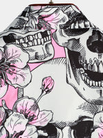 Punk Rock Pink Cherry Blossom Skull Button-Up Short Sleeve Shirt