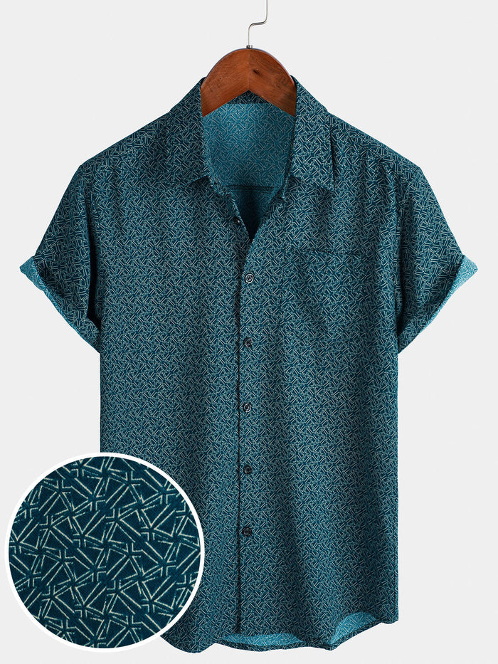 Casual Shirt with Pockets, Short Sleeves, Geometric Print
