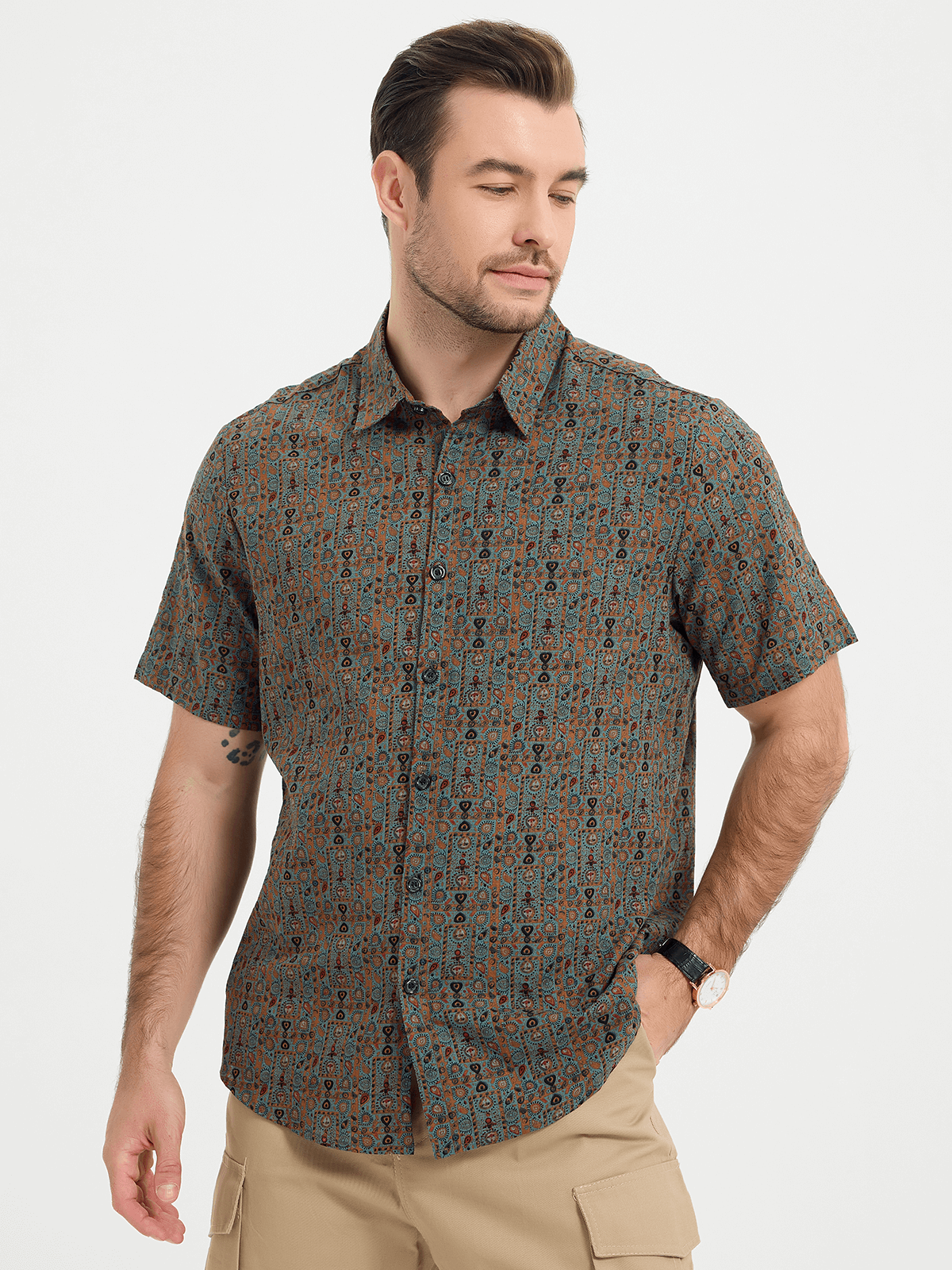 Short-Sleeve Retro Tribal Bohemian Brown Print Vintage 70s Shirt