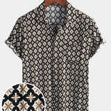 Black Short-Sleeve Summer Shirt, Vintage Geometric Floral Pattern