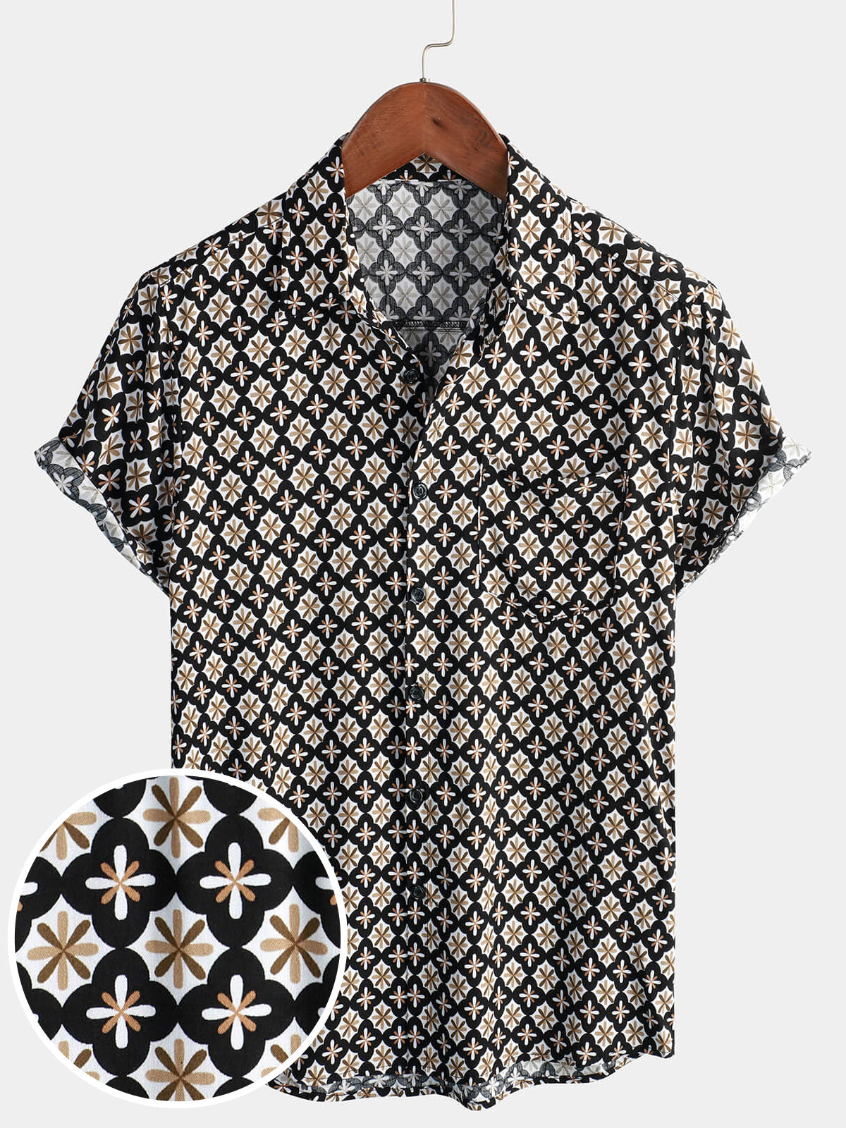 Black Short-Sleeve Summer Shirt, Vintage Geometric Floral Pattern