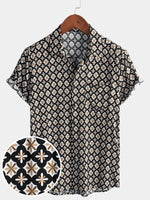 Black Short-Sleeve Summer Shirt, Vintage Geometric Floral Pattern