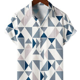 Men's Casual Cotton Shirt with Geometric Blue and White Triangle Print Short Sleeve for Summer