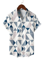 Men's Casual Cotton Shirt with Geometric Blue and White Triangle Print Short Sleeve for Summer