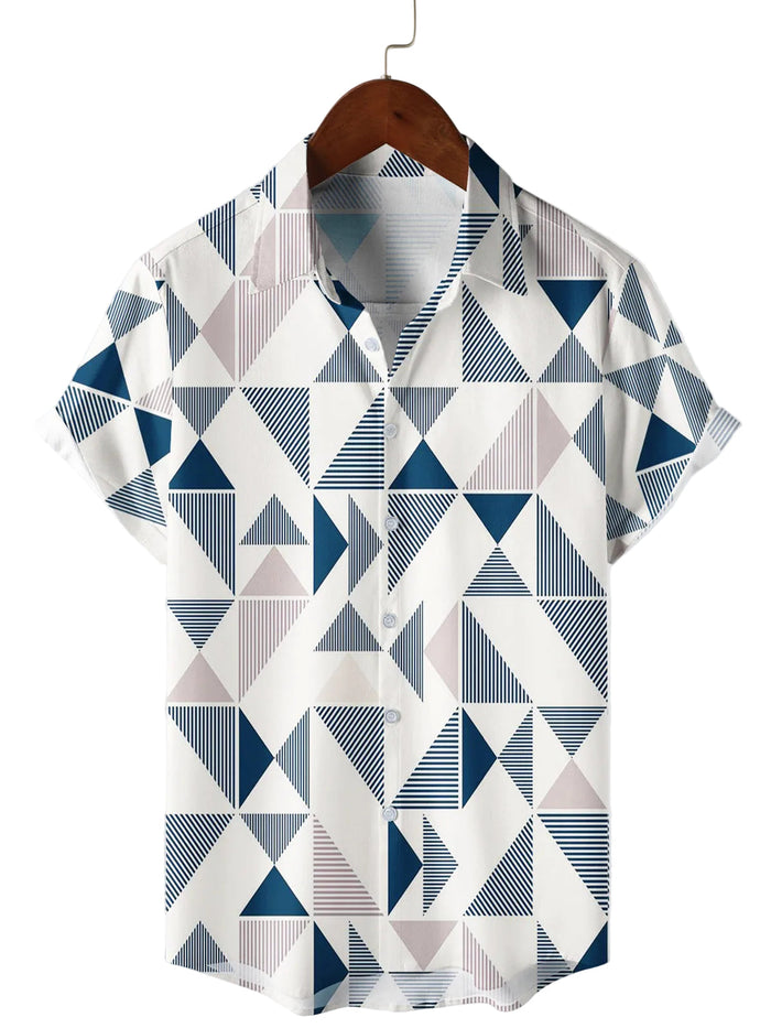 Men's Casual Cotton Shirt with Geometric Blue and White Triangle Print Short Sleeve for Summer