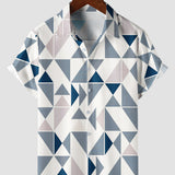 Button-Up Summer Beach Short Sleeve Shirt with Blue and White Geometric Triangle Print