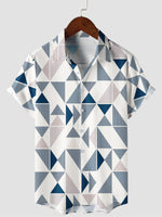 Button-Up Summer Beach Short Sleeve Shirt with Blue and White Geometric Triangle Print