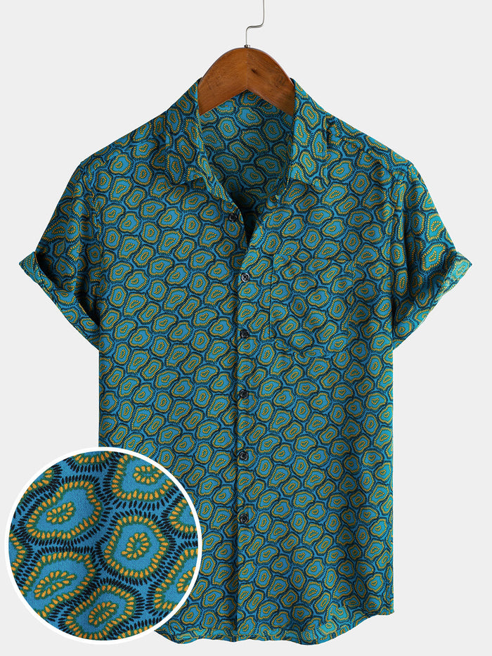 Short-Sleeve Shirt with Abstract Blue Pocket