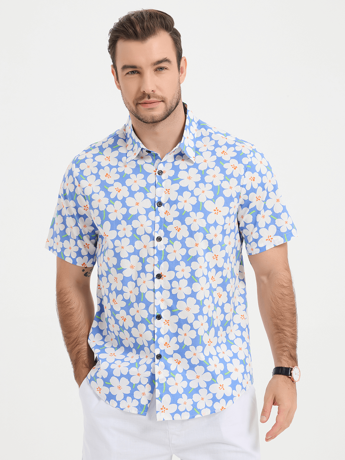 Light Blue Short Sleeve Shirt with Floral Print