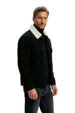 Men's Velvet Jacket with Sherpa Collar and Snaps - Black