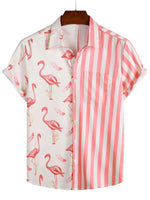 Short Sleeve Cotton Shirt with Pink Flamingo and Stripe Pattern for Men