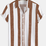 Casual Vintage Brown Vertical Stripe Short-Sleeve Shirt