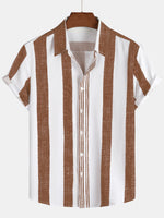 Casual Vintage Brown Vertical Stripe Short-Sleeve Shirt