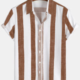 Vintage Brown Vertical Striped Casual Shirt with Short Sleeves for Men