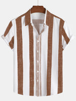 Vintage Brown Vertical Striped Casual Shirt with Short Sleeves for Men