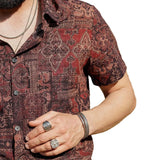 Men's Retro Style Cotton Shirt with Floral Paisley Pattern, with Buttons, Vintage, for Vacation, Western, Brown, Short Sleeve