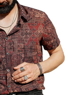 Men's Retro Style Cotton Shirt with Floral Paisley Pattern, with Buttons, Vintage, for Vacation, Western, Brown, Short Sleeve