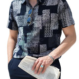 Men's Cotton Shirt Short Sleeve with Buttons, Floral Patch Pattern, Vintage, Retro, for Vacation