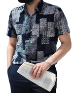 Men's Cotton Shirt Short Sleeve with Buttons, Floral Patch Pattern, Vintage, Retro, for Vacation