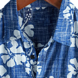 Men's Hawaiian-Style Cotton Short-Sleeve Shirt with Blue Floral Print and Buttons