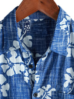Men's Hawaiian-Style Cotton Short-Sleeve Shirt with Blue Floral Print and Buttons