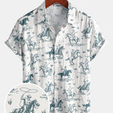 Short-Sleeve Horse Print, Cowboy, Button-Up, Vacation Shirt