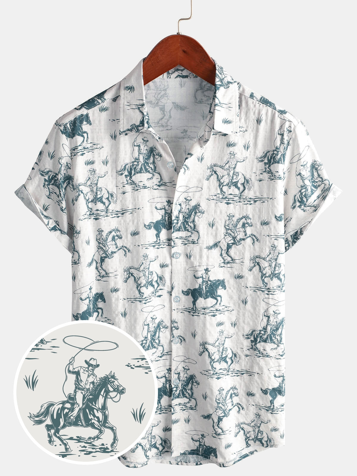 Short-Sleeve Horse Print, Cowboy, Button-Up, Vacation Shirt